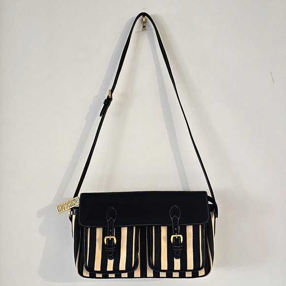 MOSCHINO Bag. Moschino by Redwall Vintage Cream & Black Striped Print - Picture 1 of 13